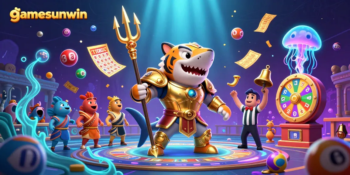 Play gamesunwin in an exciting underwater casino with vibrant lottery elements and a shark champion.