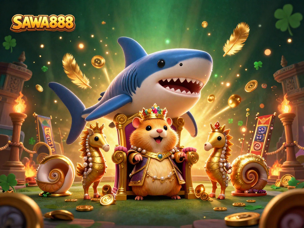 Spin and win at SAWA888 featuring a golden hamster king surrounded by vibrant casino elements.