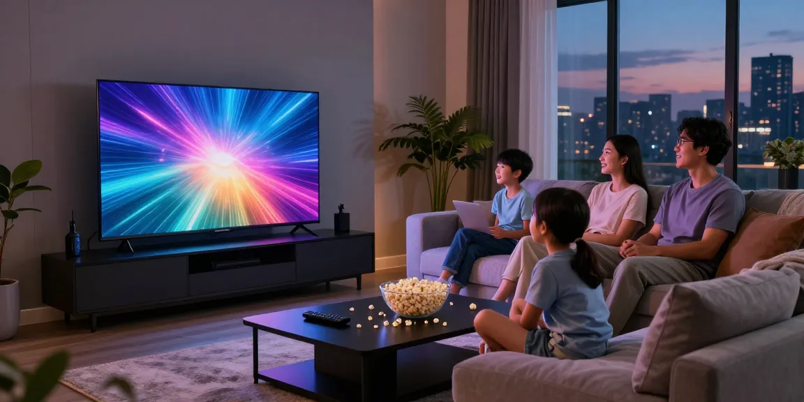 Family enjoying movie night with Samsung Micro RGB TV in a cozy living room.