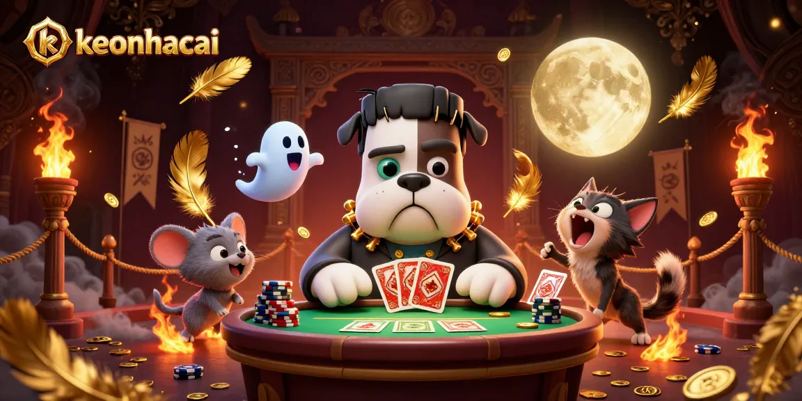 Experience the thrilling world of keonhacai with a Frankenstein bulldog dealer at a haunted casino table.