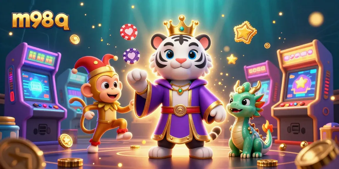 Engage in m98 q excitement with dynamic 3D casino characters, vibrant gaming elements.