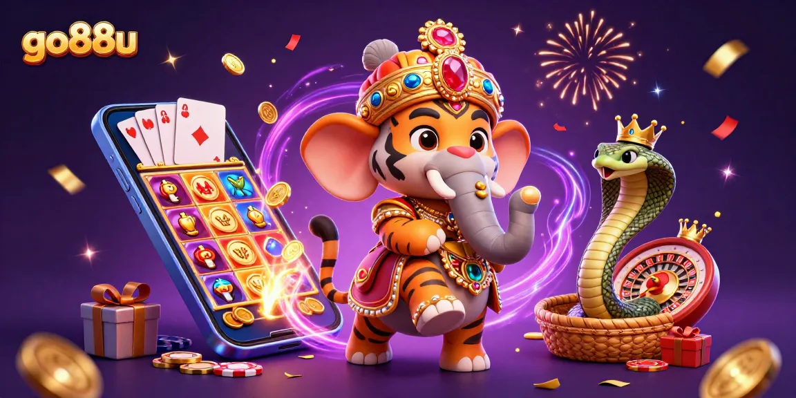 Experience the vibrant excitement of go88u with a maharaja tiger in a colorful online casino scene.