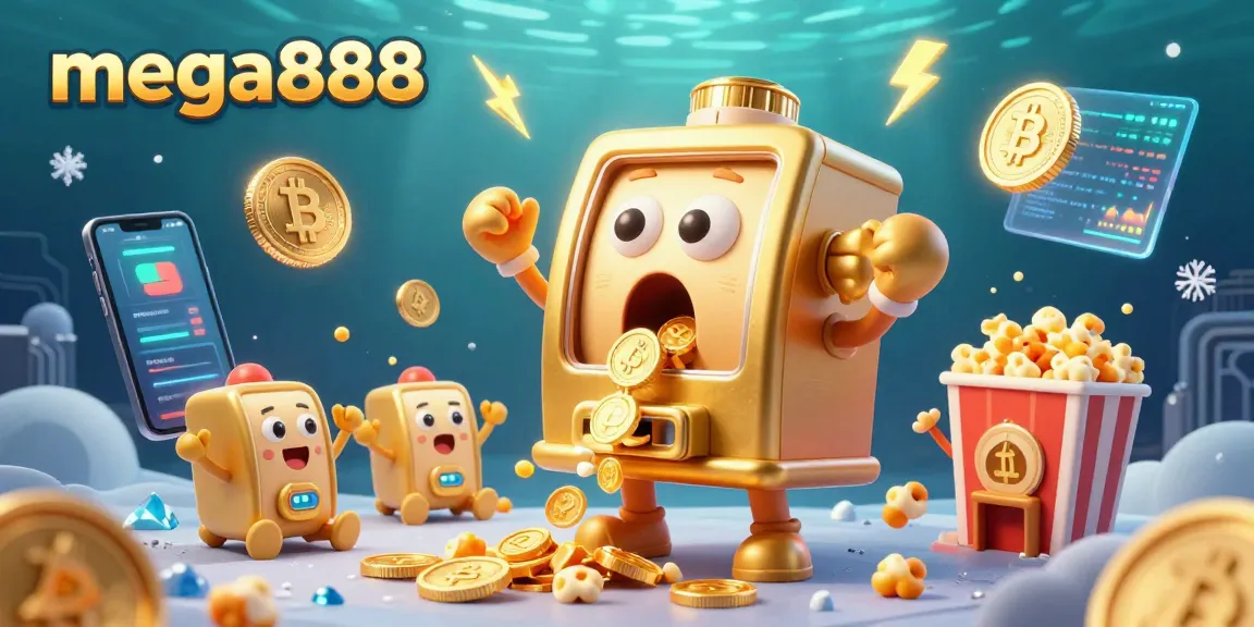 Experience mega888 excitement as golden slot machines cheer on jackpots amidst vibrant crypto-themed graphics.