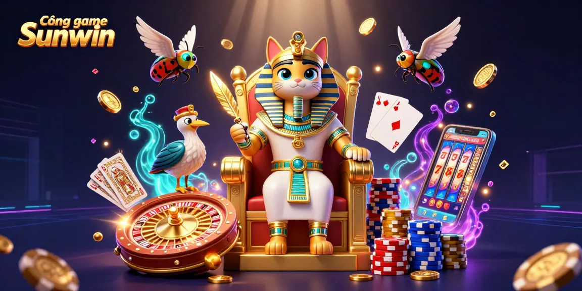 Cổng game Sunwin features a lively 3D scene with a pharaoh cat and vibrant casino elements.